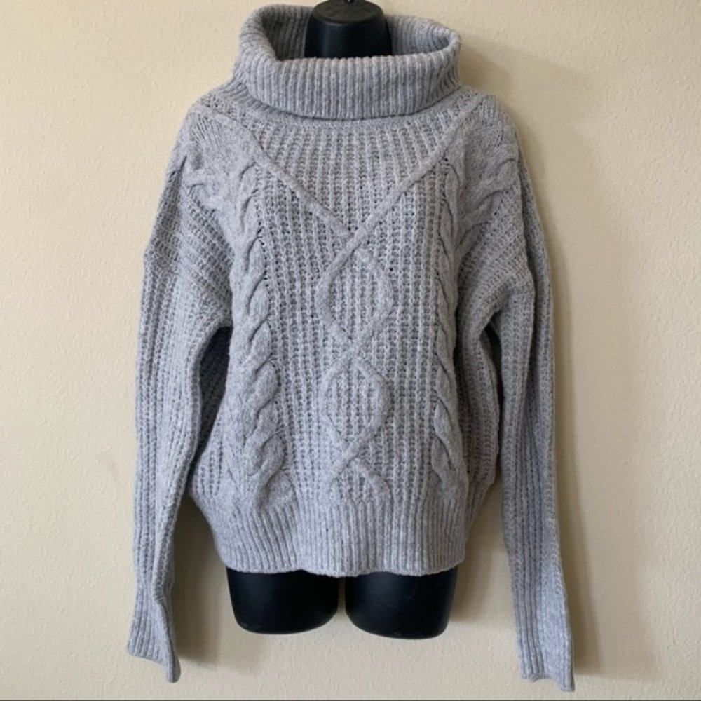 Primark Grey Slouchy Cable Knit Turtleneck Sweater